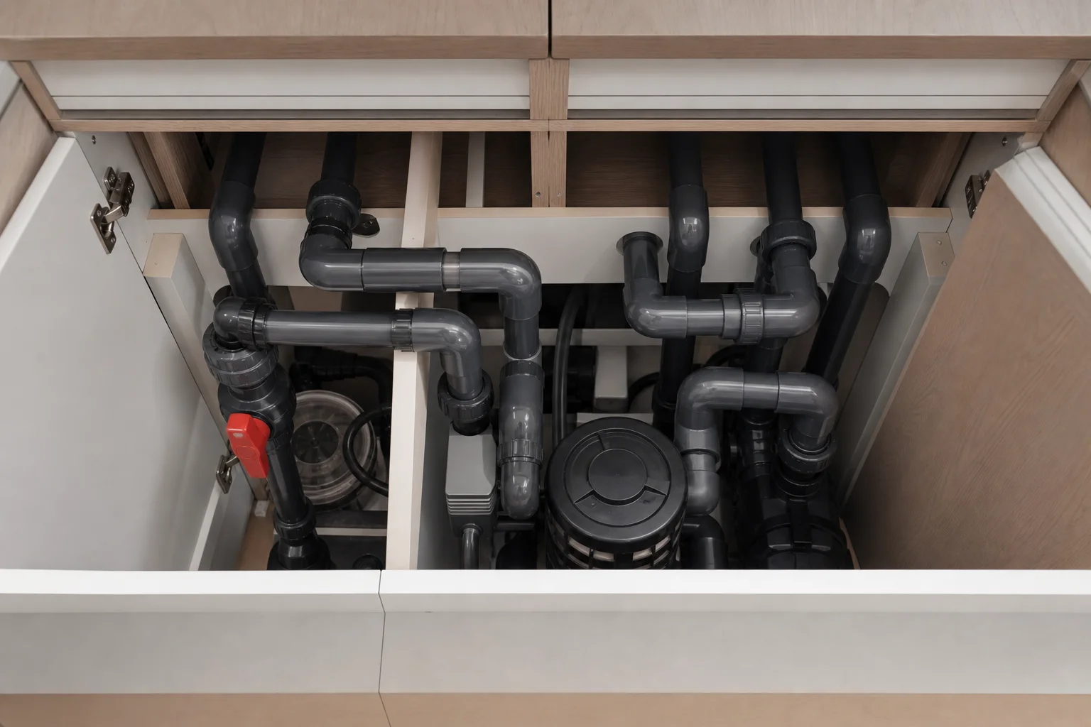 Overhead view of complex aquarium plumbing system