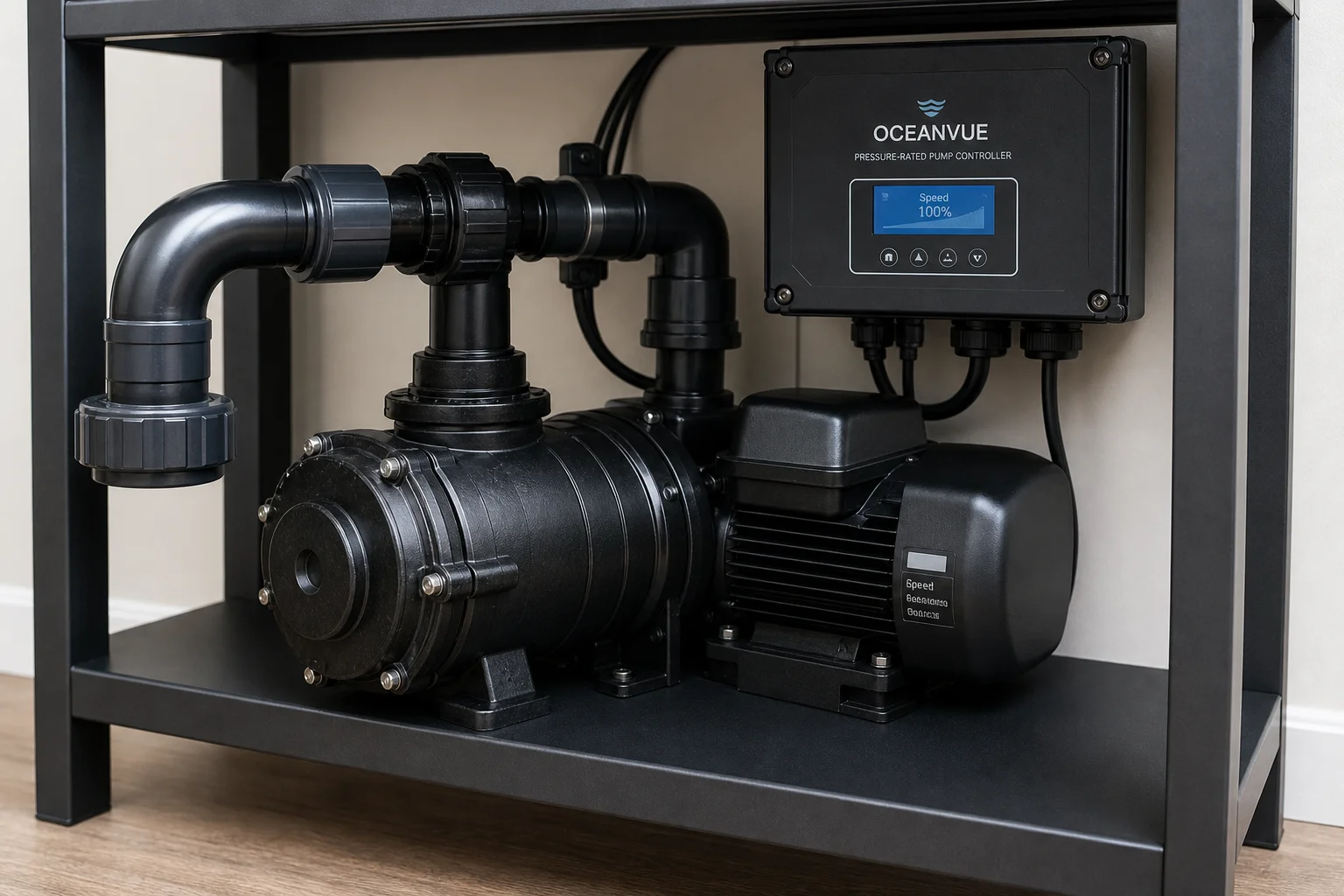 Large external pressure-rated pump on aquarium stand