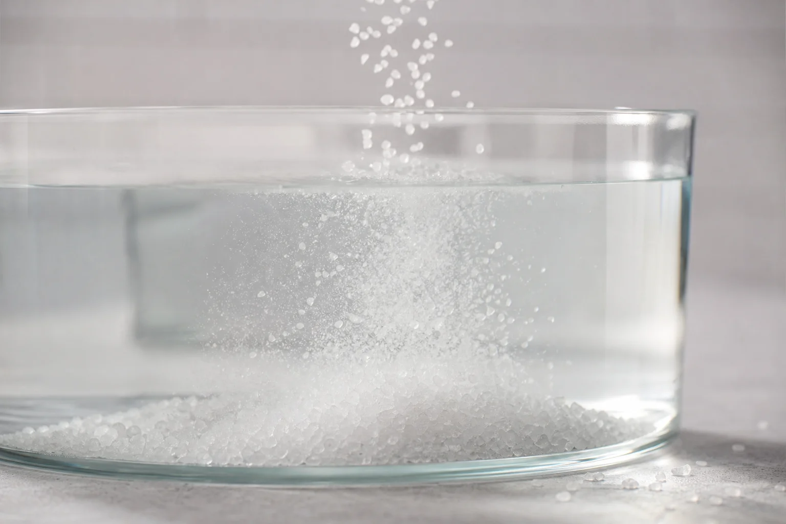 Aquarium salt dissolving in clear water in mixing container