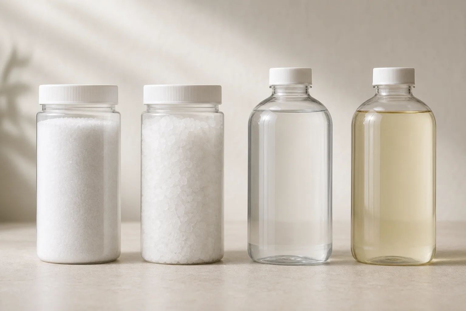 Four-part salt system bottles arranged in sequence