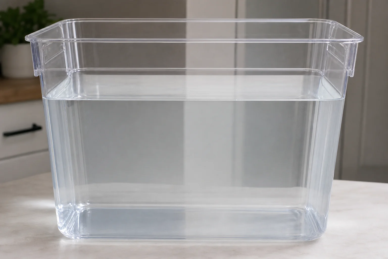 Clean mixing bin with clear saltwater and no sediment