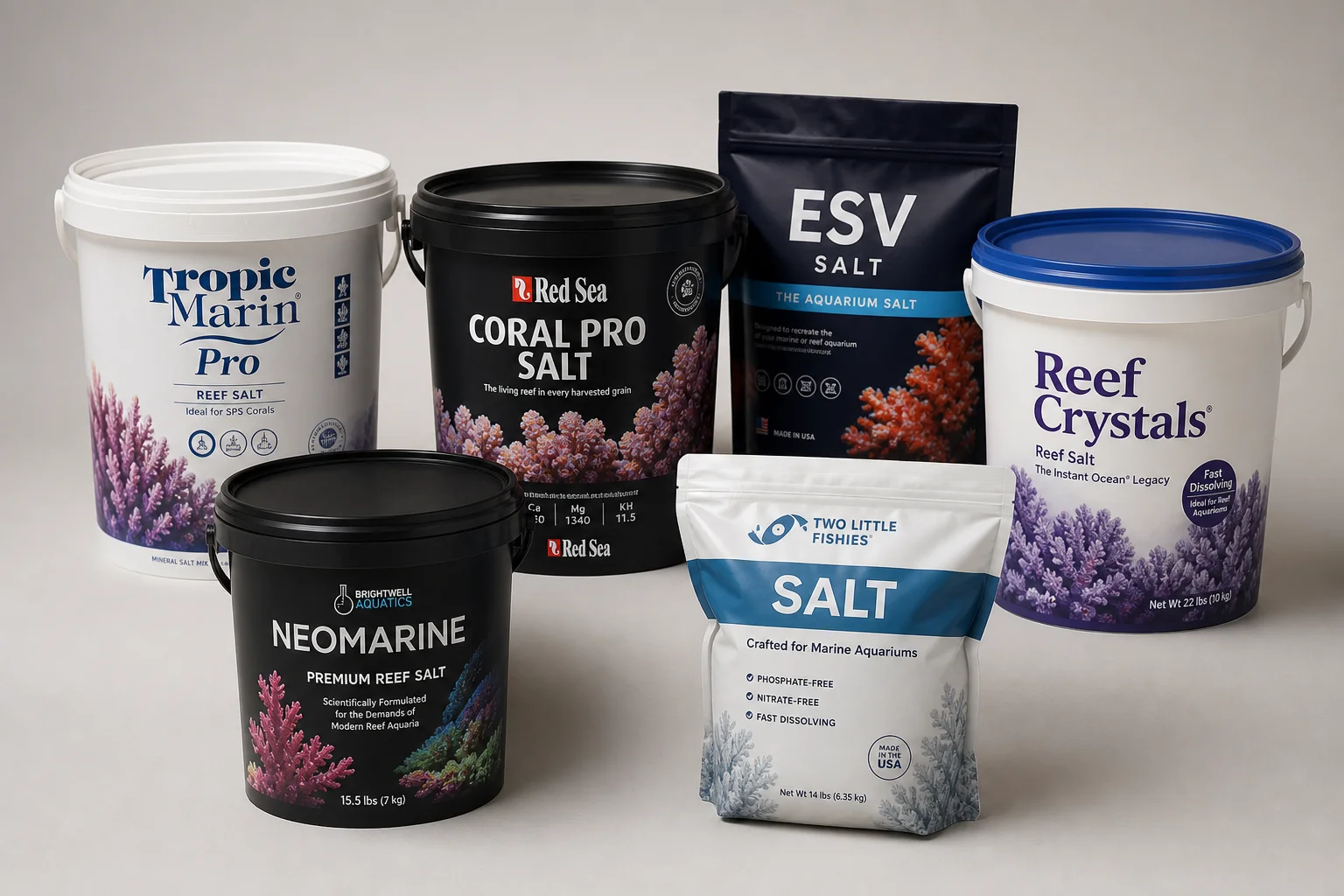 Six aquarium salt mix products arranged on neutral backdrop