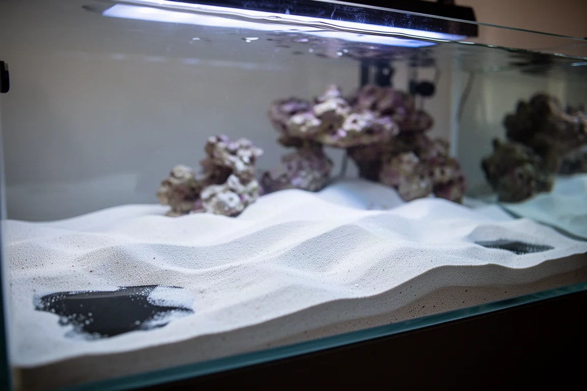 Ondiepe zandbodem in een rifaquarium, door stroming gevormd tot zachte duinen