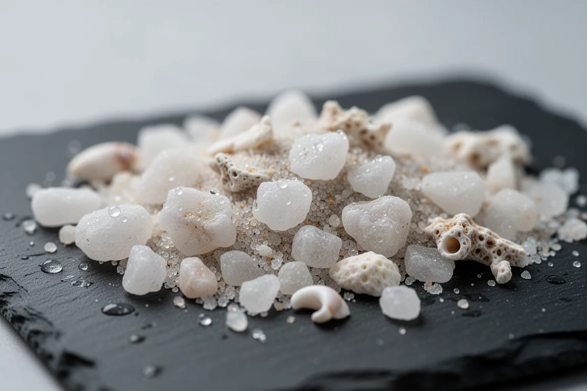 Macro-opname van vochtige aragonietkorrels met schelpfragmenten en waterdruppels