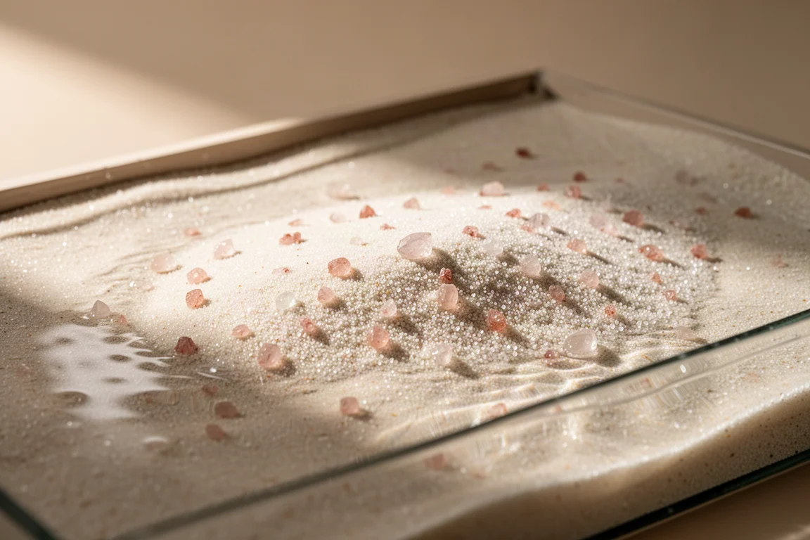 Macro-opname van bleke zandkorrels met enkele zwak roze getinte spikkels