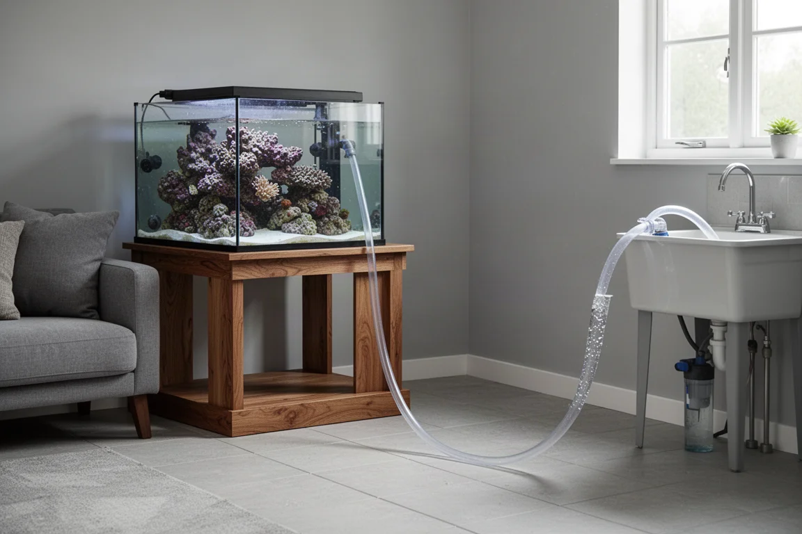 Tuyau transparent partant d'un aquarium récifal et traversant le sol vers un évier utilitaire