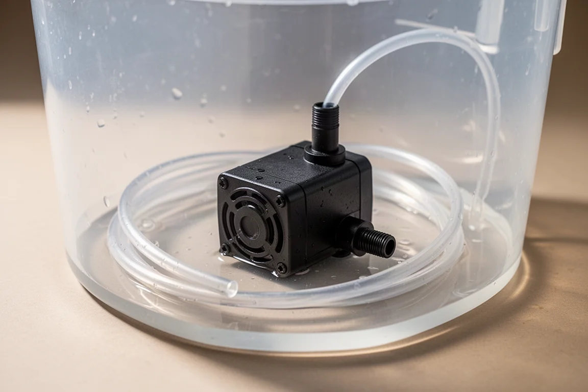 Petite pompe submersible noire au fond d'un récipient de mélange presque vide