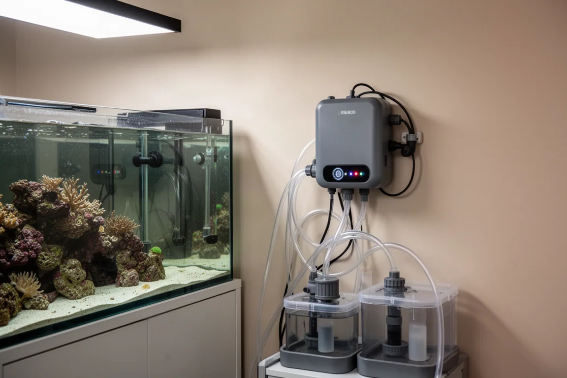 Unité de changement d'eau grise installée près d'un grand aquarium avec des tuyaux vers les réservoirs