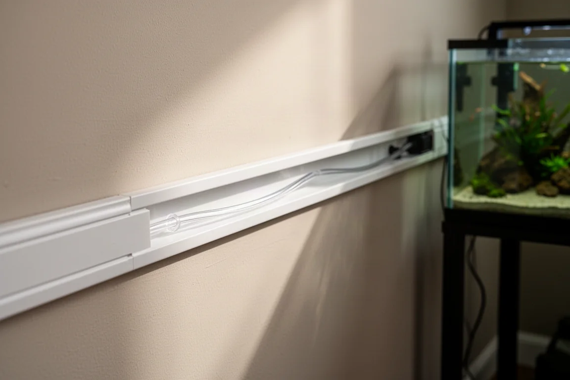 Tuyau transparent fin cheminant le long d'une plinthe dans une goulotte cache-câbles peinte