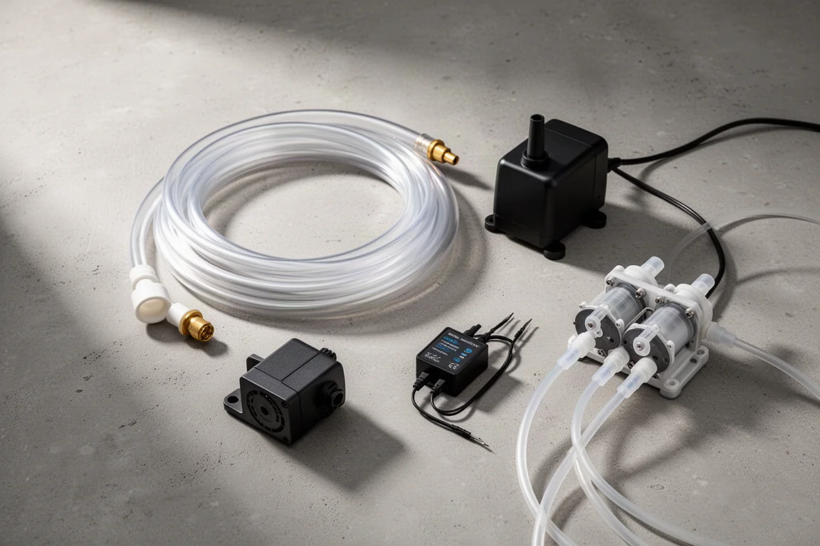 Aquarium water change equipment including coiled hose, submersible pump, controller, and dosing pump