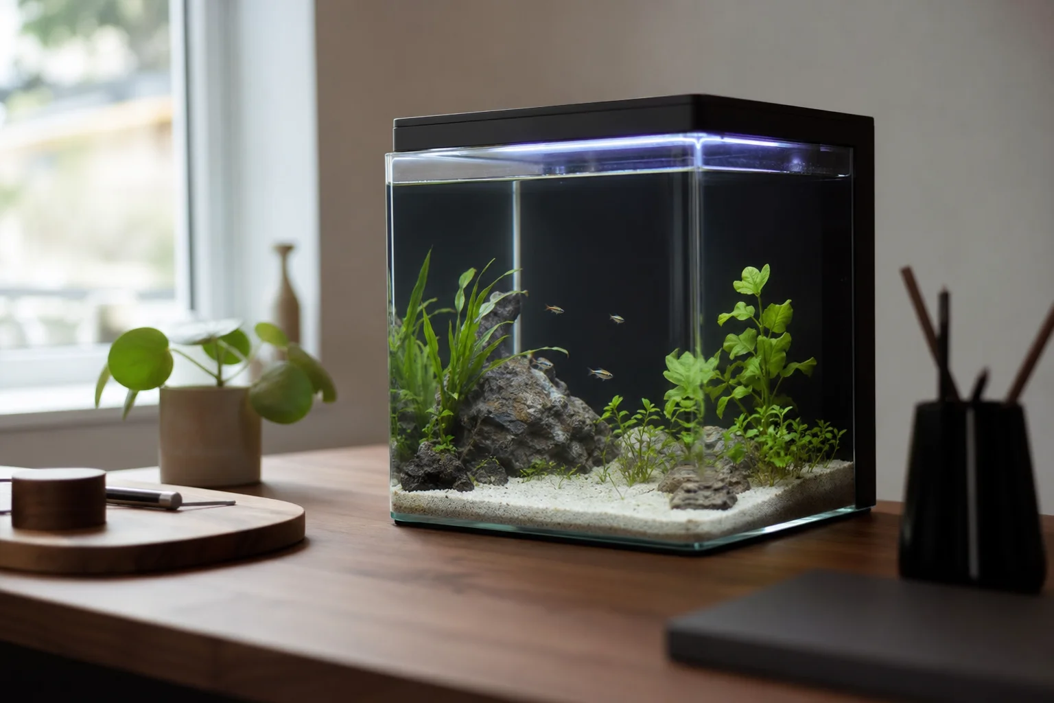 Small glass aquarium with LED lighting on a wooden desk
