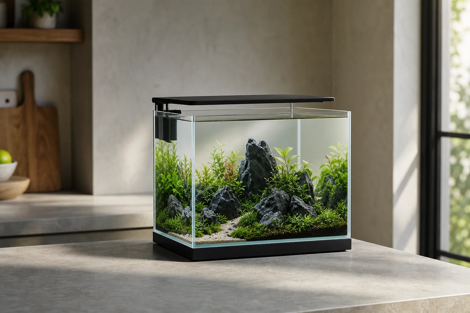Nano aquarium with high-clarity glass on a countertop with small plants