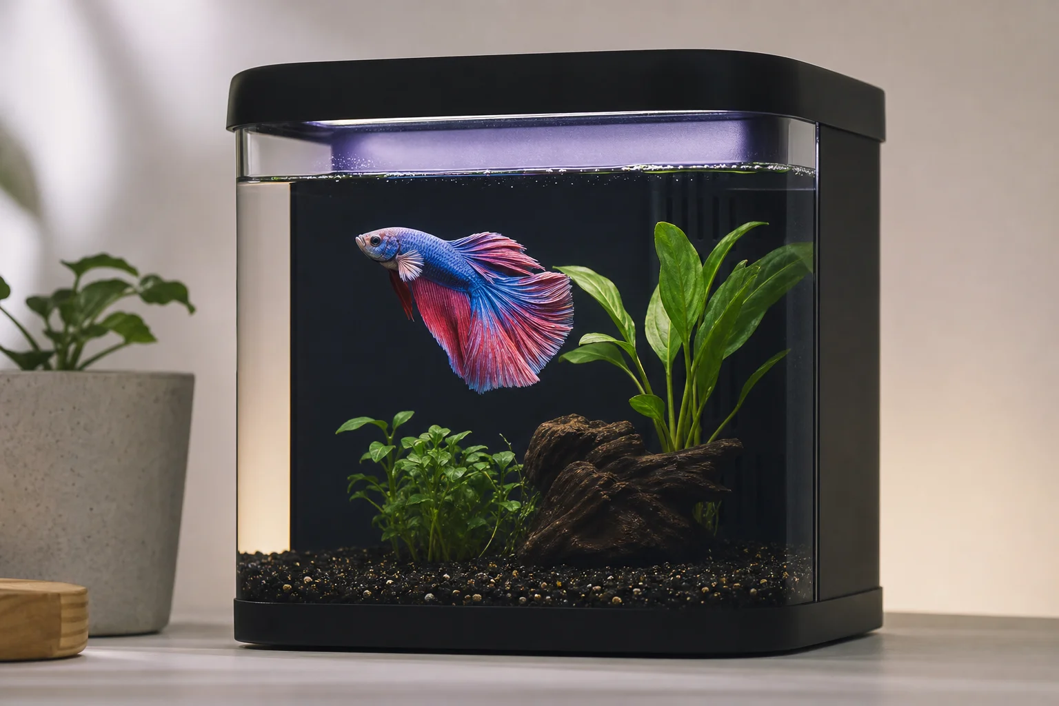 Betta fish swimming in a small aquarium with LED lighting