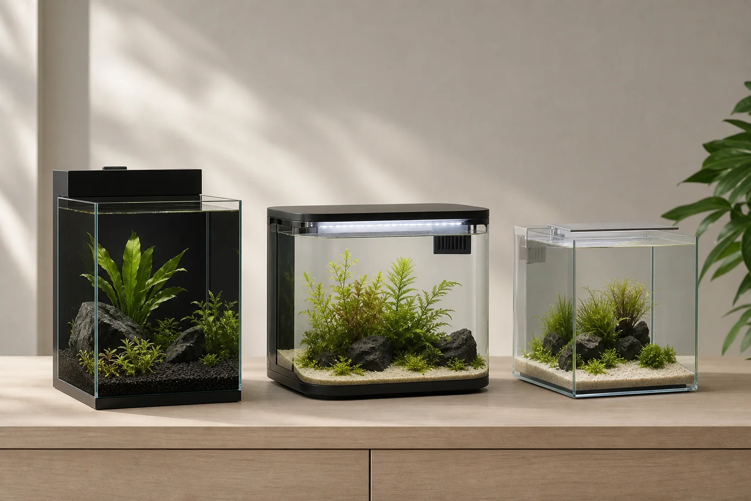 Three aquariums arranged on a wooden surface with clear water and plants