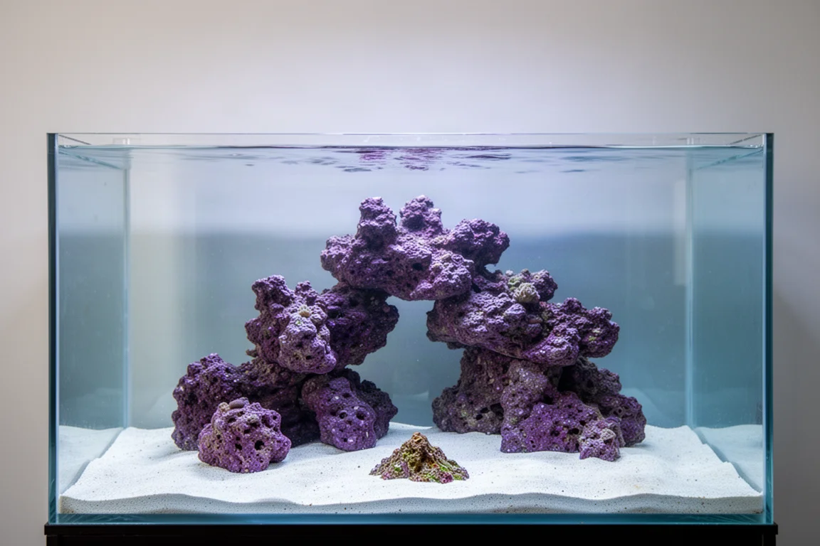 Frontansicht eines Riffaquariums mit purpurfarbener Gesteinsstruktur, die aus dem Sand aufragt, und einer kleinen Insel