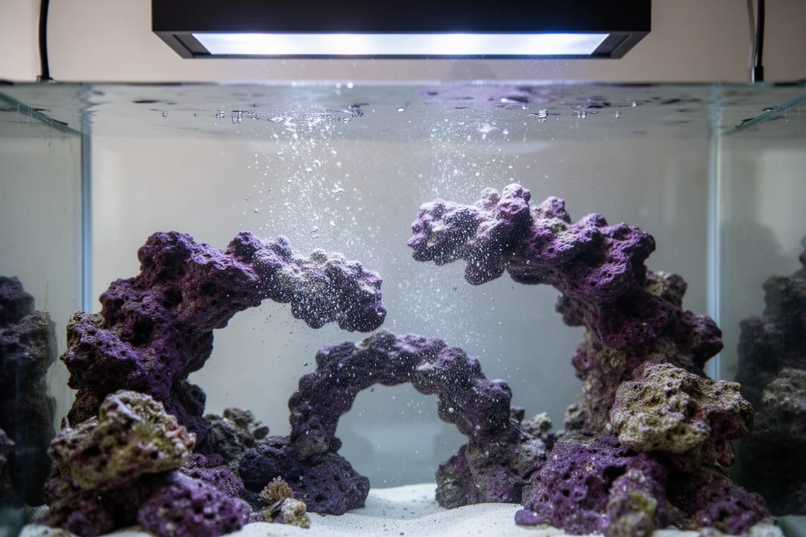 Schwebeteilchen im Aquarienwasser, die an purpurfarbenen Gesteinsbögen vorbeitreiben