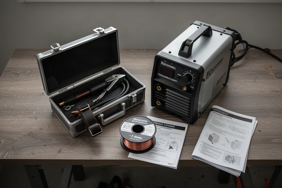 Unboxed welder with accessory box, flux core wire spool and metal casing