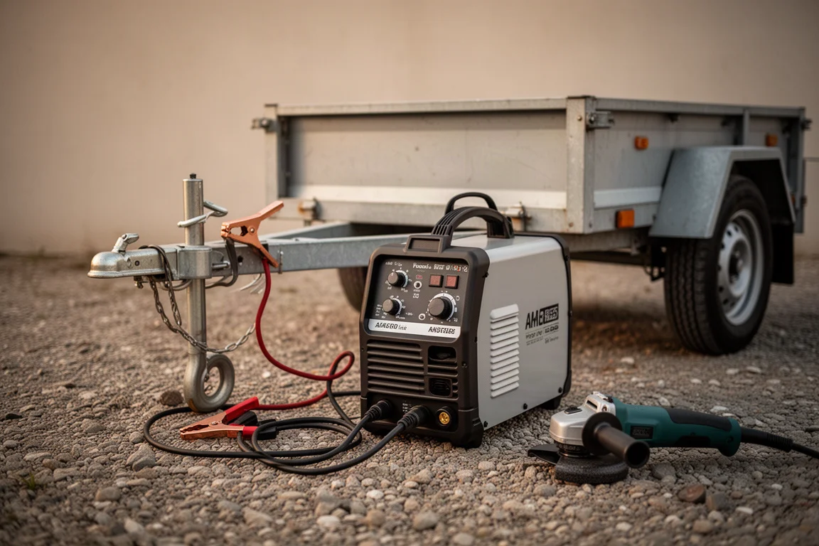 Welder set up outdoors next to a utility trailer with a grinding tool nearby