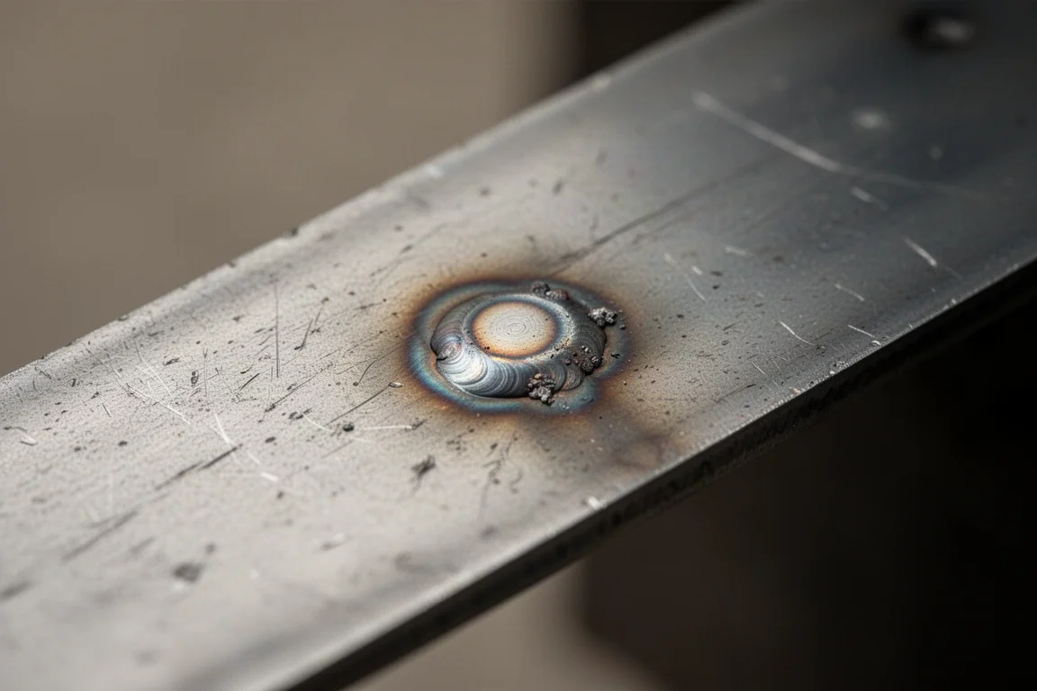 Fresh flux core spot weld on thin metal with slight surface discoloration