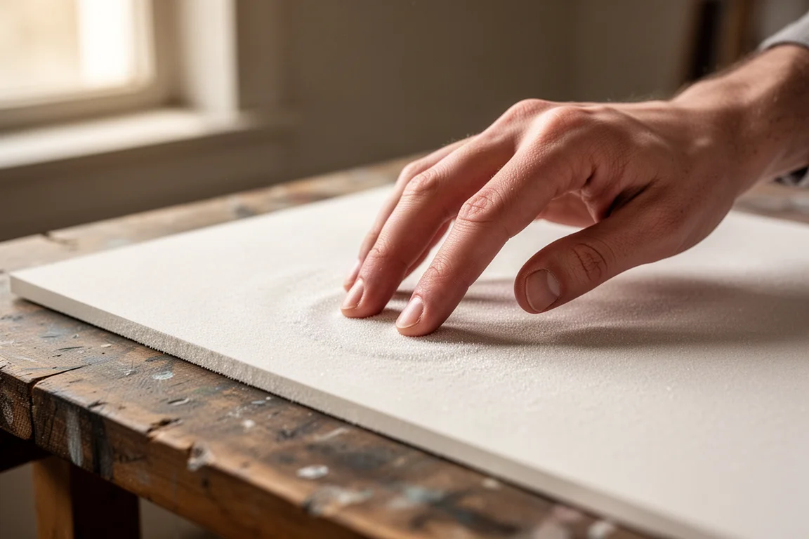 Main d'artiste frottant une surface de papier sablé pour tester sa texture