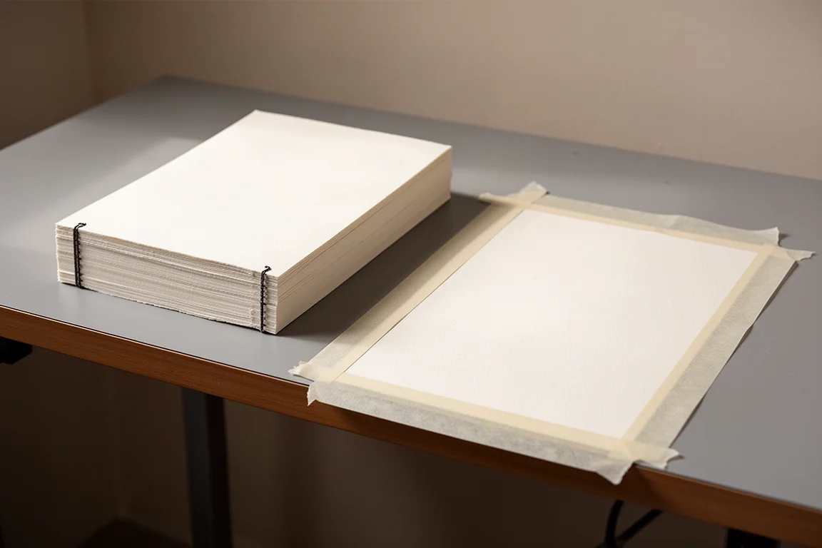 Blocs de papier aquarelle empilés sur le bureau d'un studio d'artiste