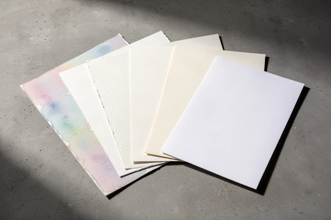 Six sheets of premium archival art paper arranged in a fan on a concrete surface