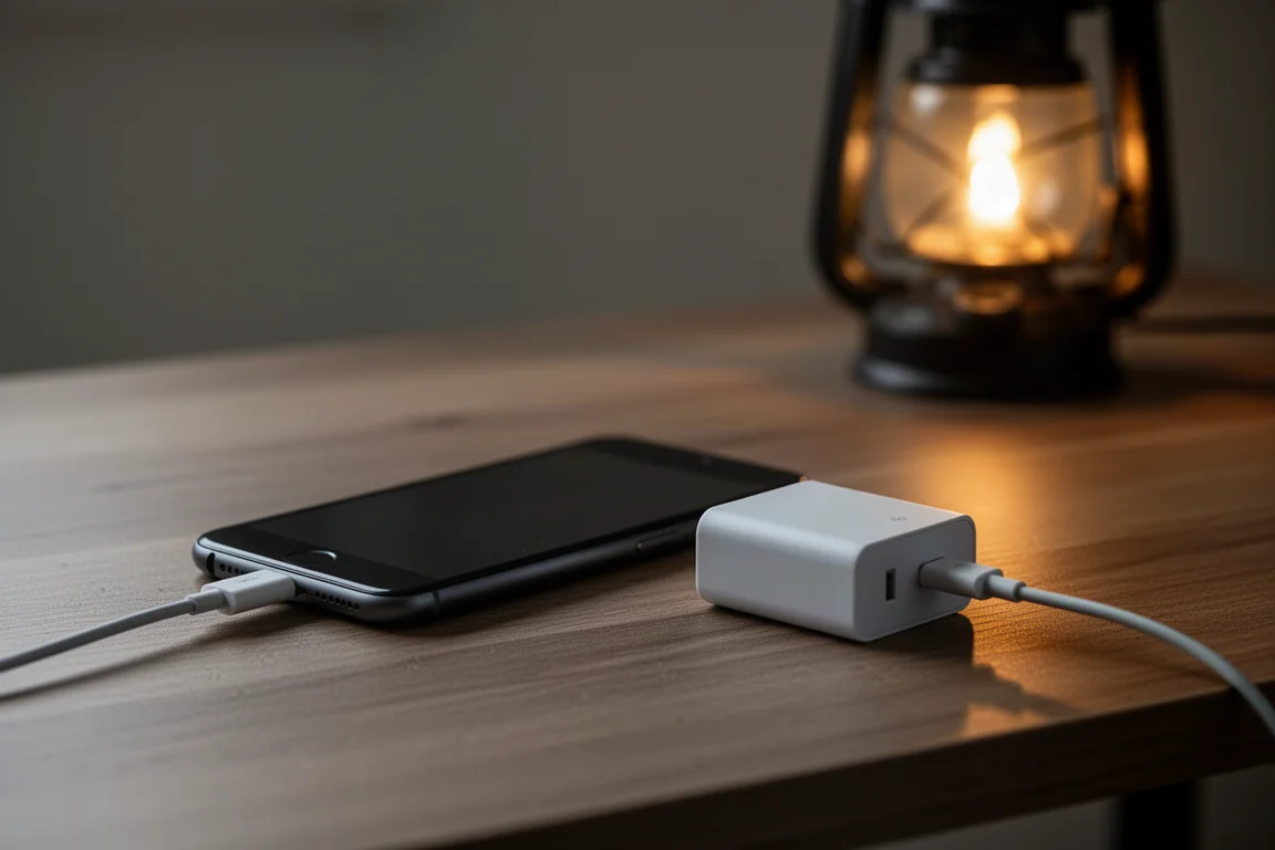 停電期間在昏暗的桌上以 USB 轉換器為手機充電