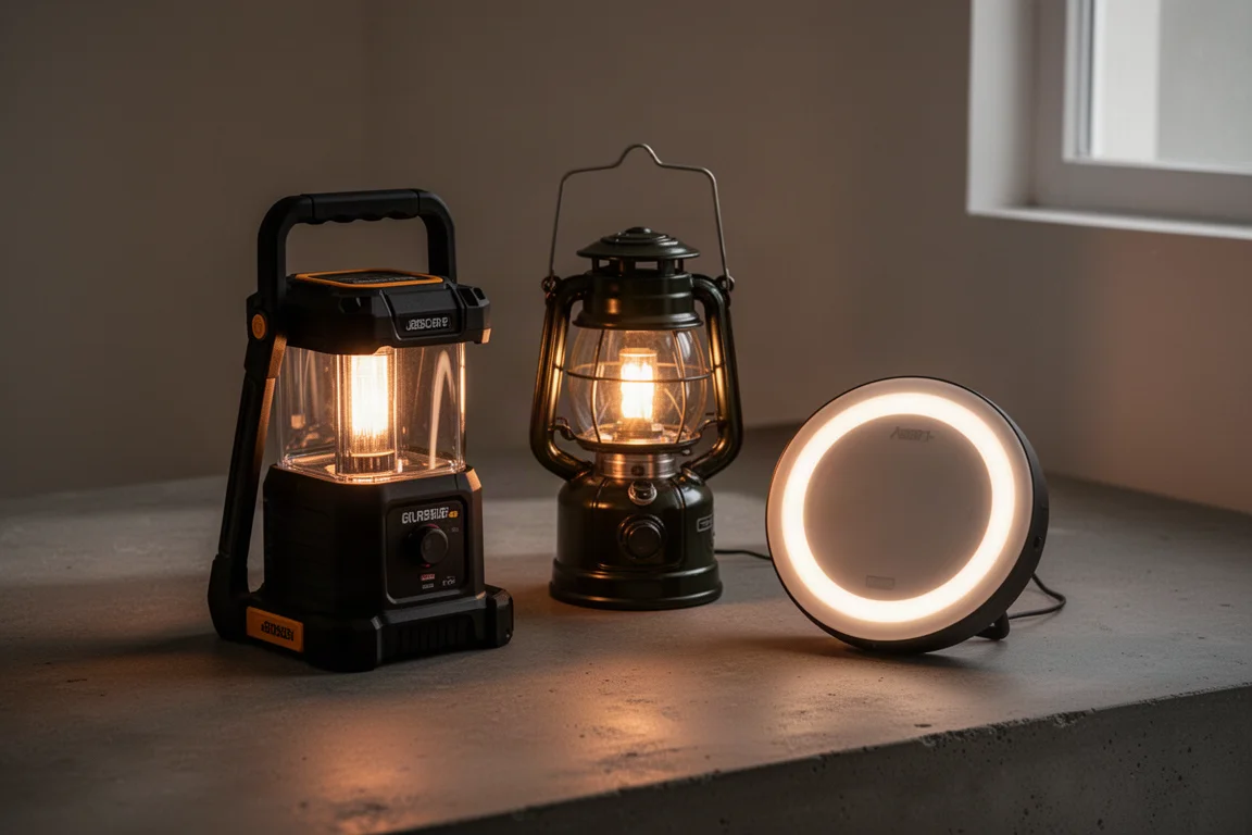 Three portable area lanterns glowing softly on a concrete surface