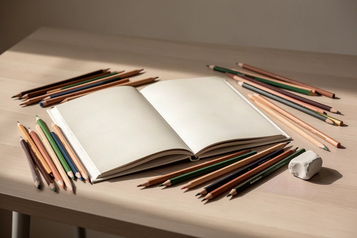 Livro didático de arte aberto ao lado de lápis de cor sobre uma escrivaninha de madeira