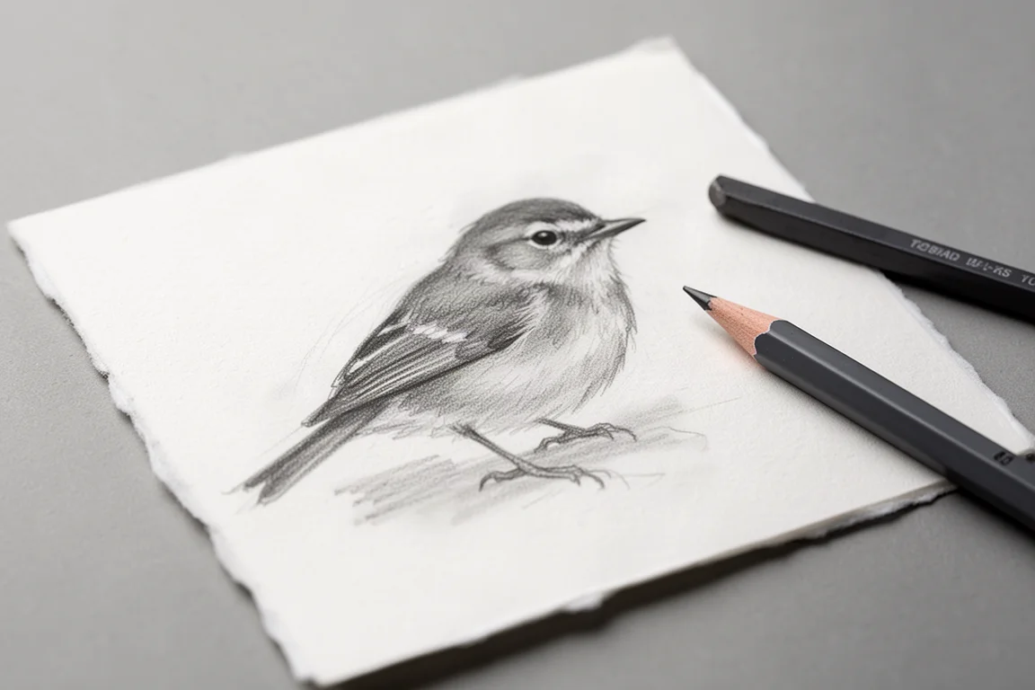 Mão de um artista desenhando um estudo de pássaro em grafite sobre papel texturizado