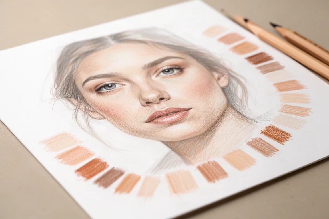 Retrato em lápis de cor em andamento com amostras de tons de pele