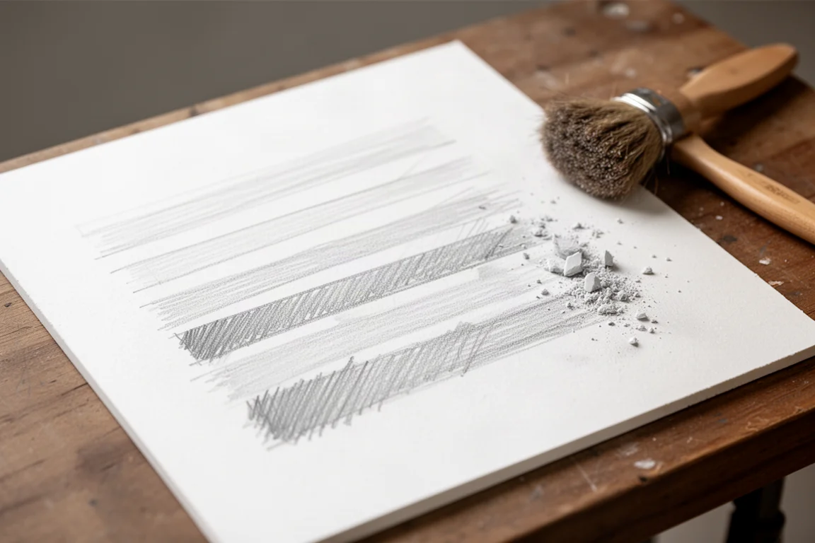 Testvel met potloodlijnen en gumsporen op Bristol vellum-papier