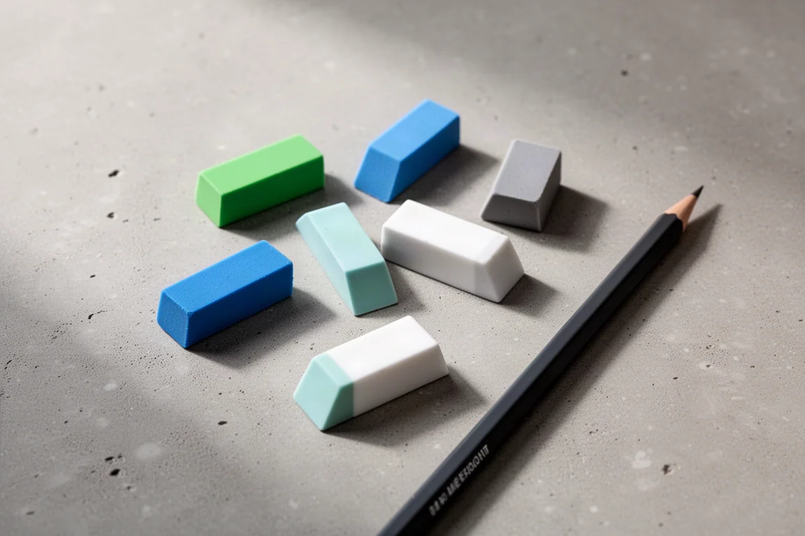 Assortiment plastic en vinylgummen in verschillende kleuren op een bureau