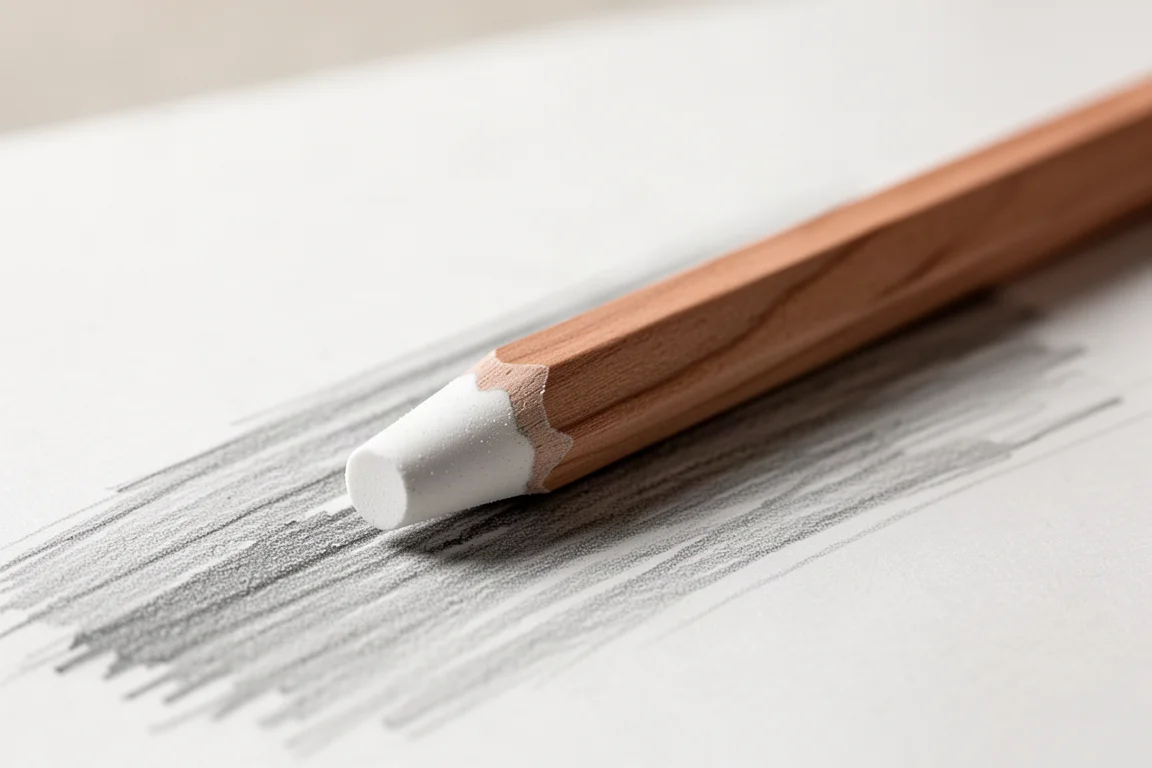 Slanke potloodgum met geslepen houten steel liggend op tekenpapier