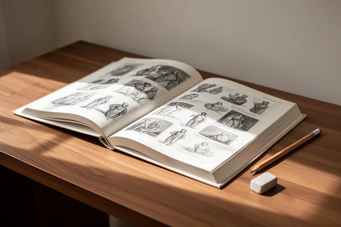 Open art reference book on a desk beside sketching pencils