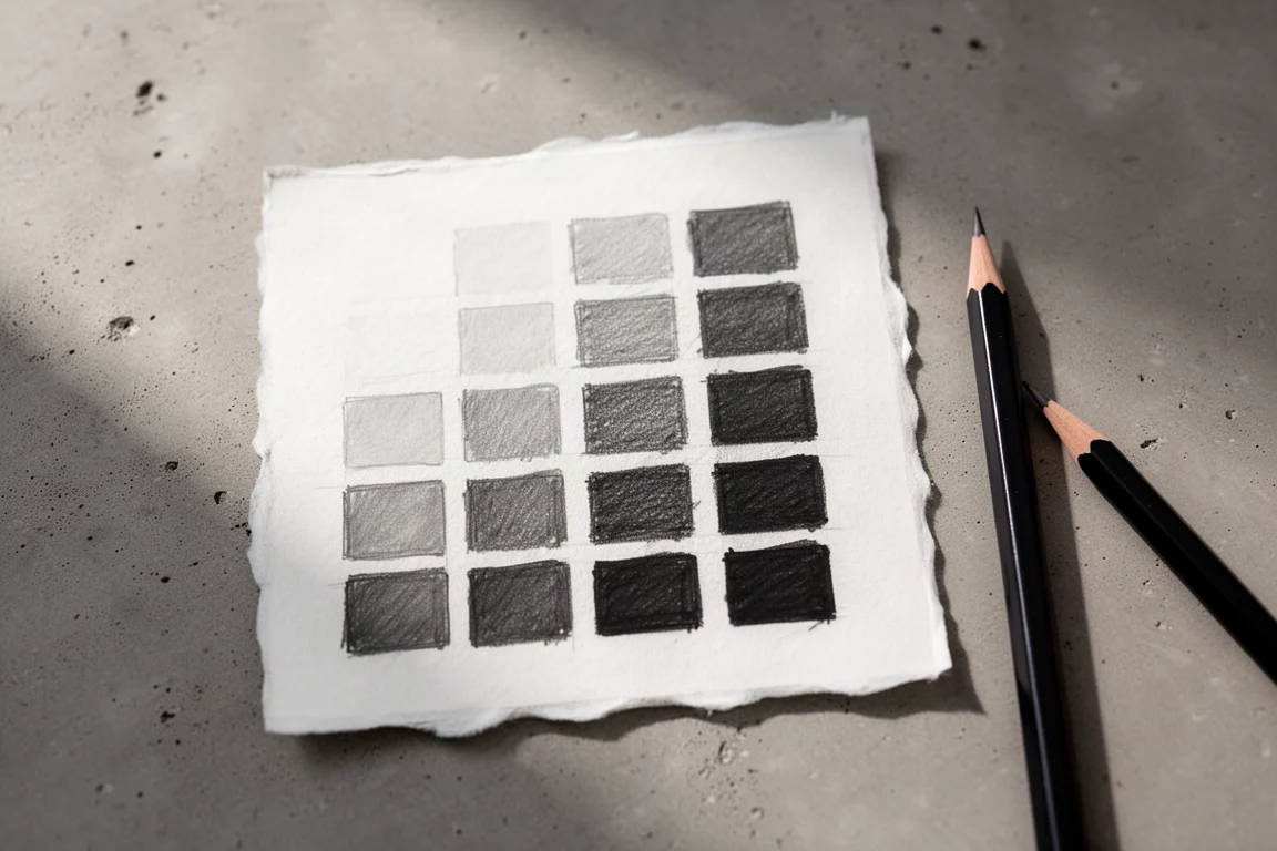 Value scale chart showing gradations from light to dark in graphite