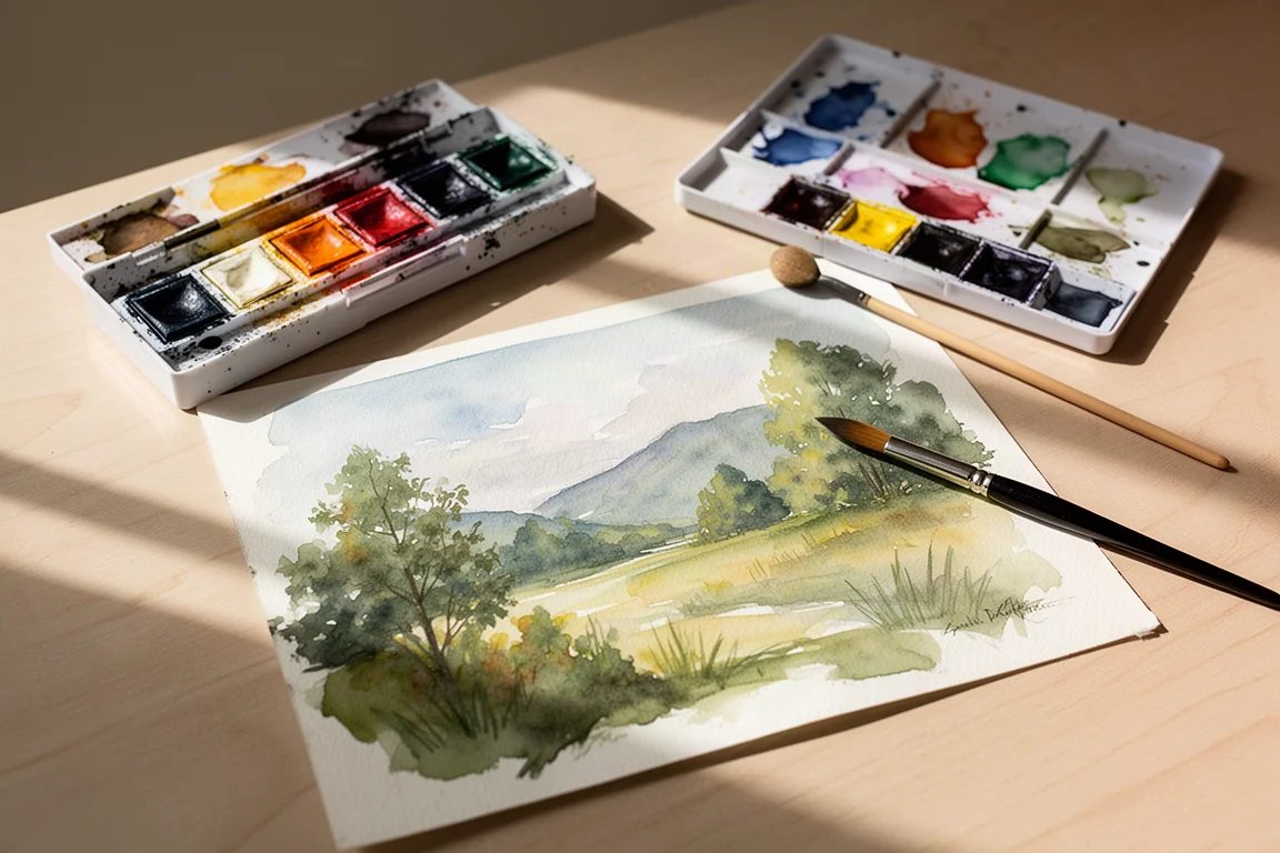 Watercolor palette and brush on a sunlit table with a landscape study