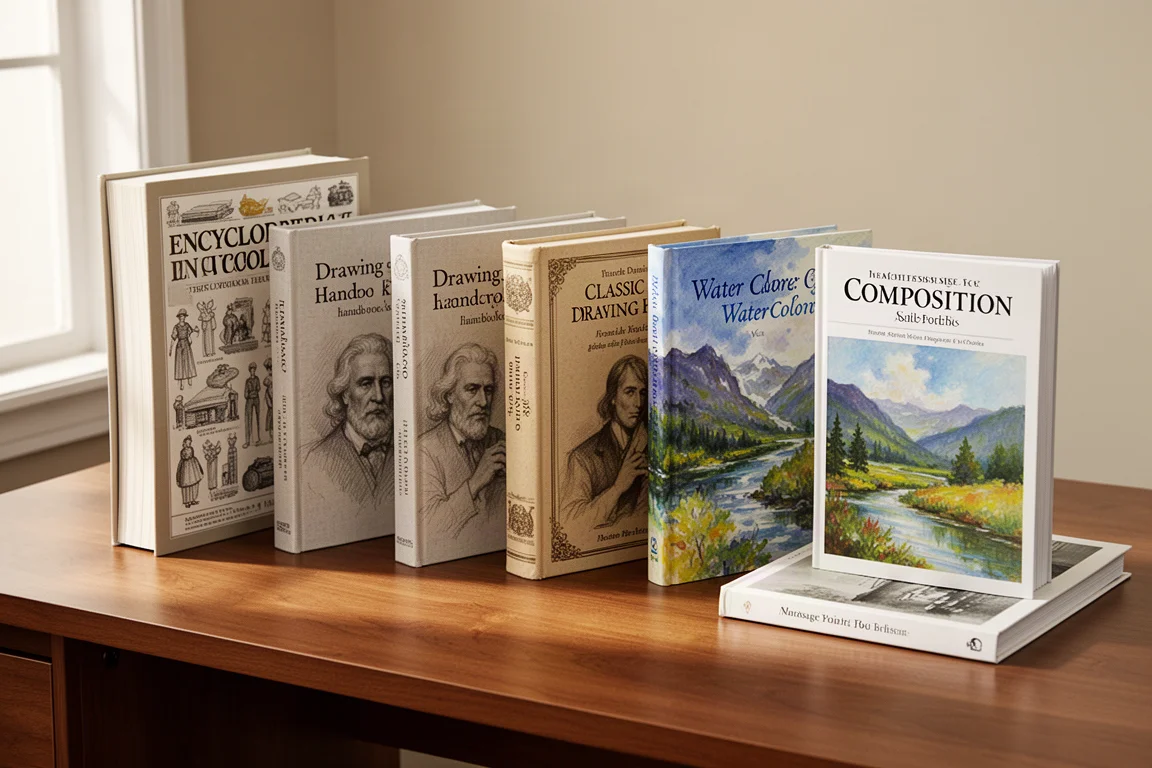 Seven art instruction books arranged on a wooden desk in soft light
