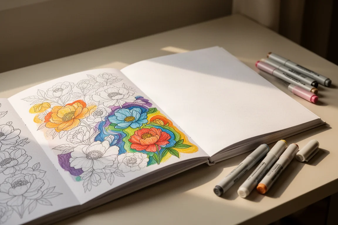 Page d'un livre de coloriage ouverte en train d'être remplie avec des feutres