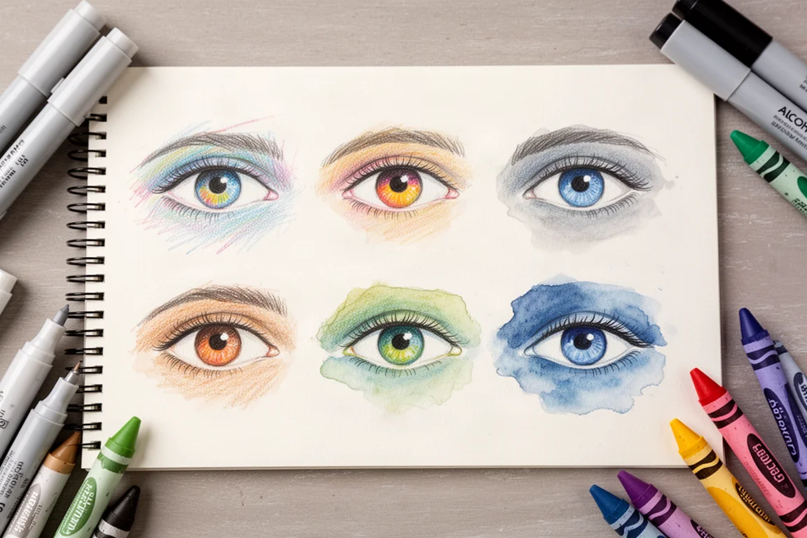 同じ目のイラストを5つの異なる画材で描き分けた作品