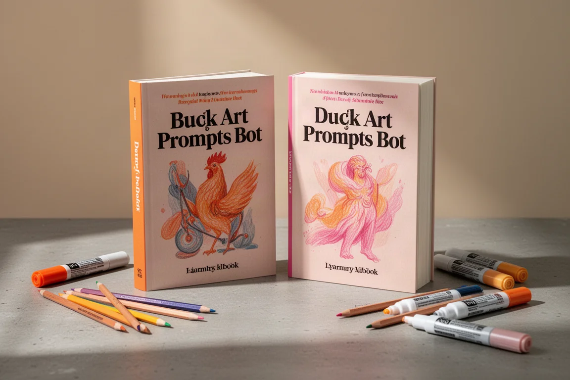 Zwei aufrecht stehende Art-Prompt-Bücher mit Buntstiften und Markern drumherum