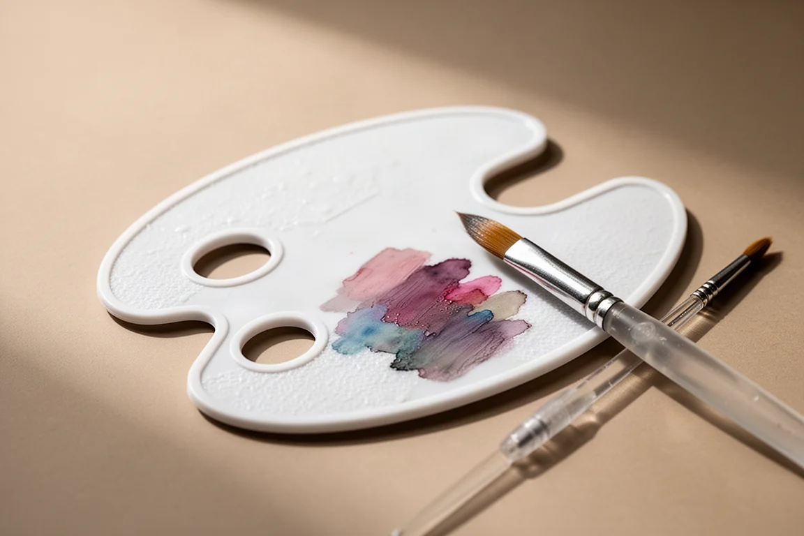 Artista che mescola pigmento di matite idrosolubili su una piccola palette bianca accanto a un pennarello caricato d'acqua