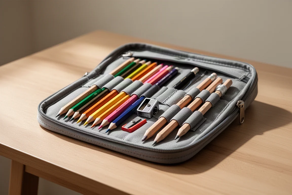 Astuccio da campo compatto per l'arte, pieno di matite e piccole forniture, aperto su una scrivania