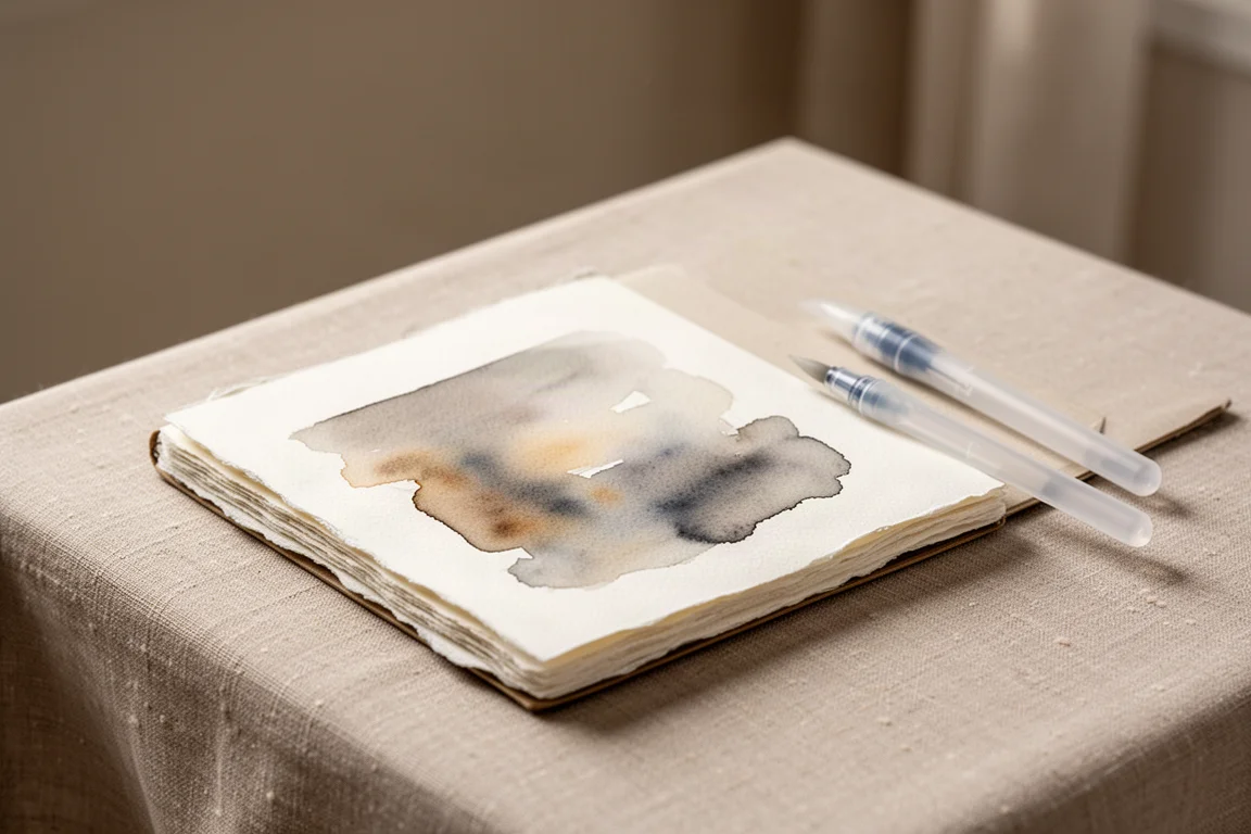 Sketchbook per acquerello aperto con carta a bordo dentellato che mostra un piccolo studio a lavis