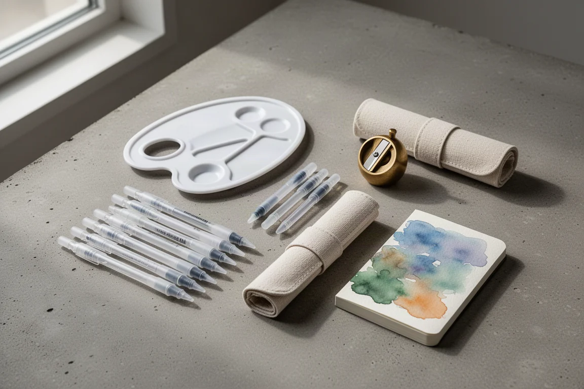 Composizione flat-lay di forniture per artisti compatte, tra cui una palette, pennarelli ad acqua, un temperino in ottone, un portamatite arrotolabile e uno sketchbook