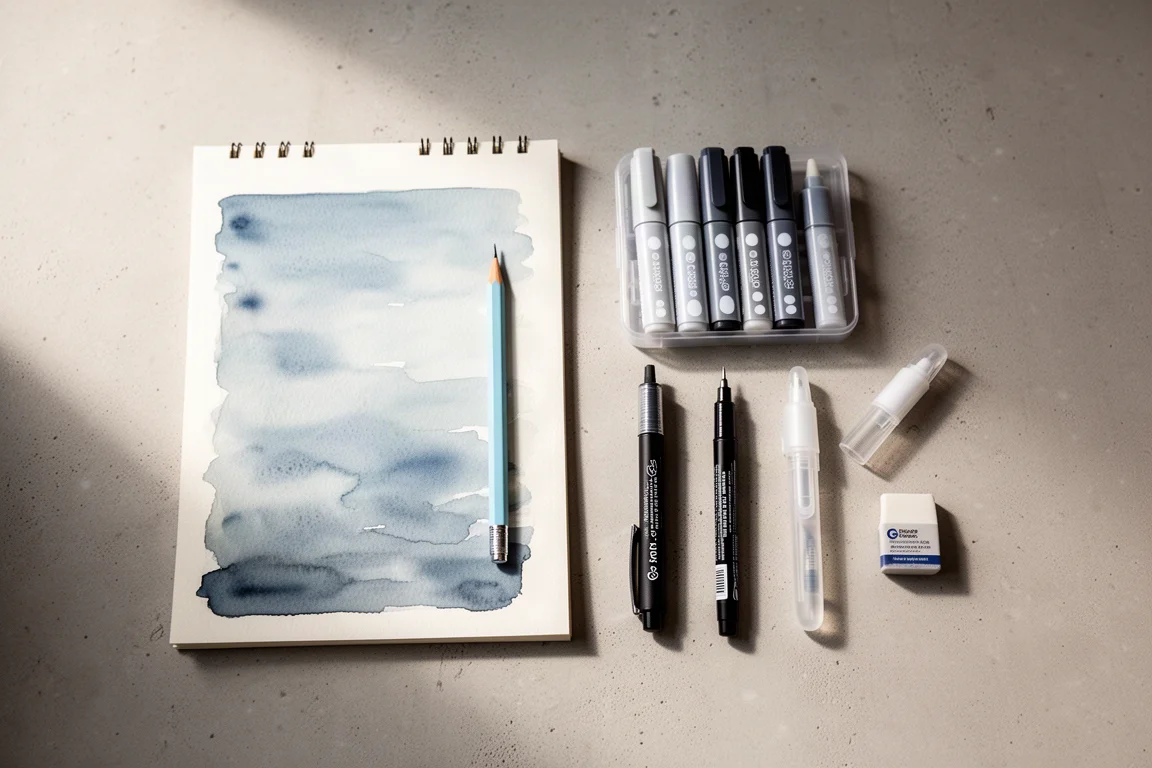 Flat-lay of art supplies including paper pad, pencils, markers, and pens on a light surface