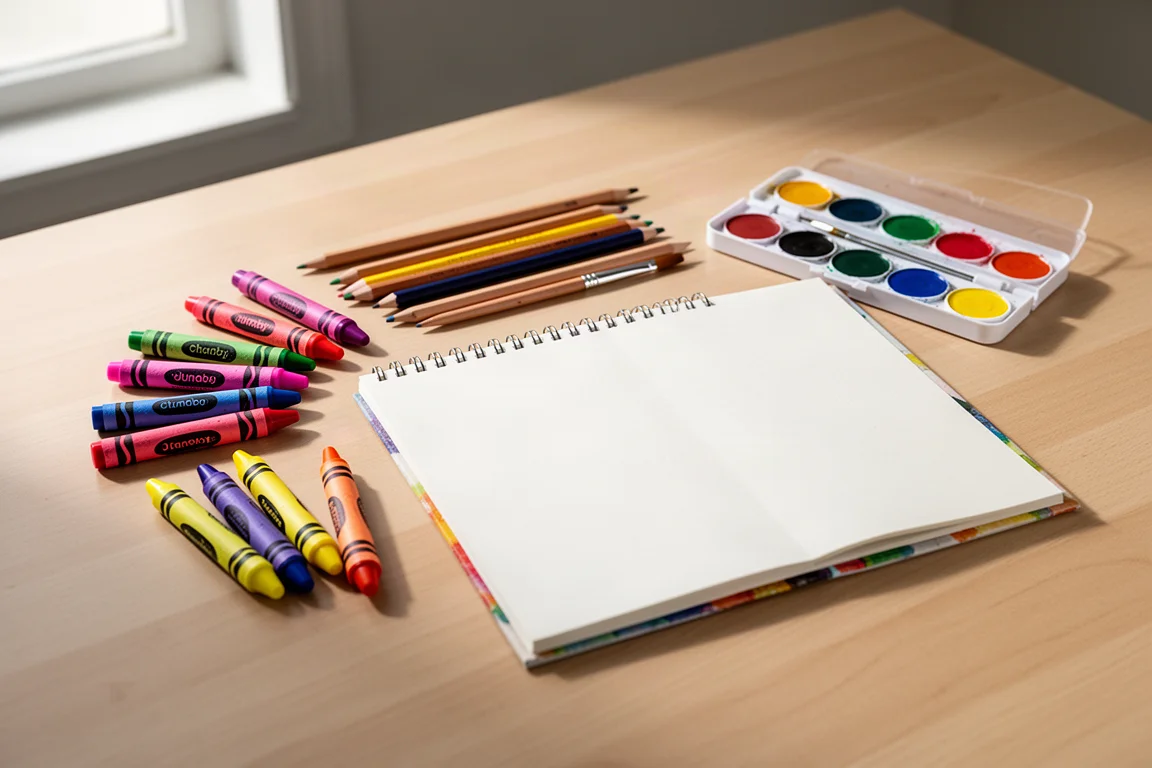 Flat-lay of chunky crayons, thick colored pencils, a watercolor pan set, and a sketch pad on a wooden table