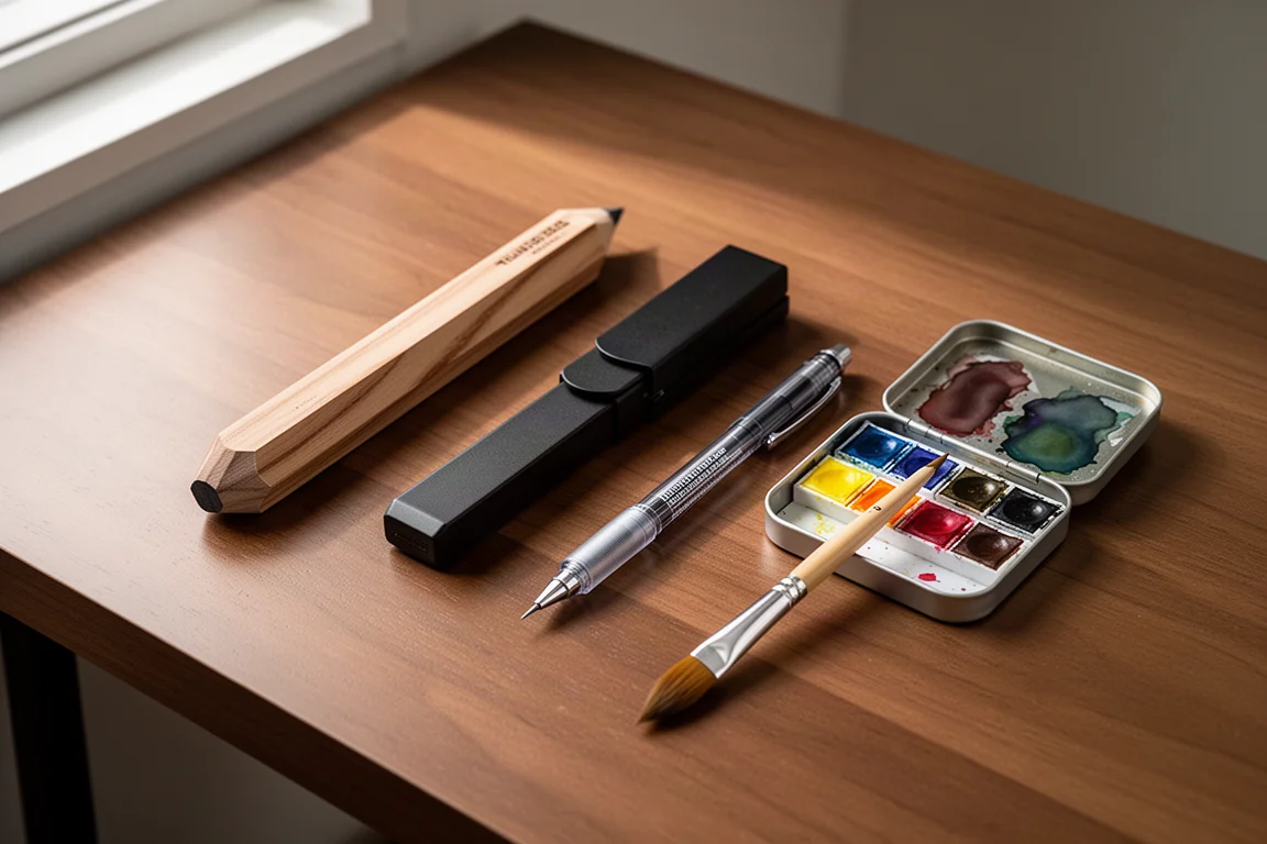 Materiali artistici disposti su una scrivania di legno, tra matite, una penna, colori e un pennello