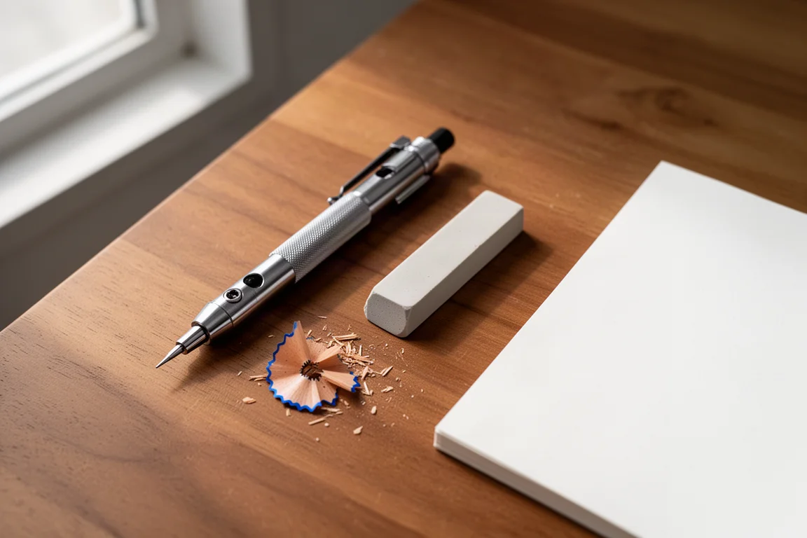 Schreibtisch eines Künstlers mit Bleistiften, Radiergummis und Skizzenbuch als Flat-Lay arrangiert