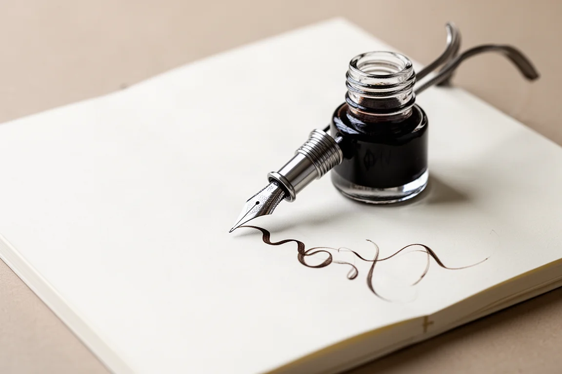 Zeichenfeder und Ink-Flasche neben einer glatten Skizzenbuchseite